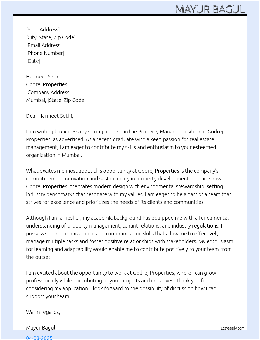 Property Manager At Godrej Properties Cover Letter