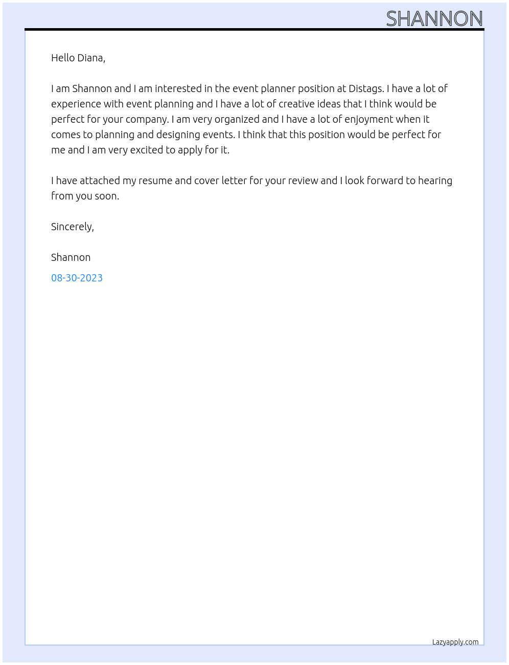 Event planner At Distags Cover Letter