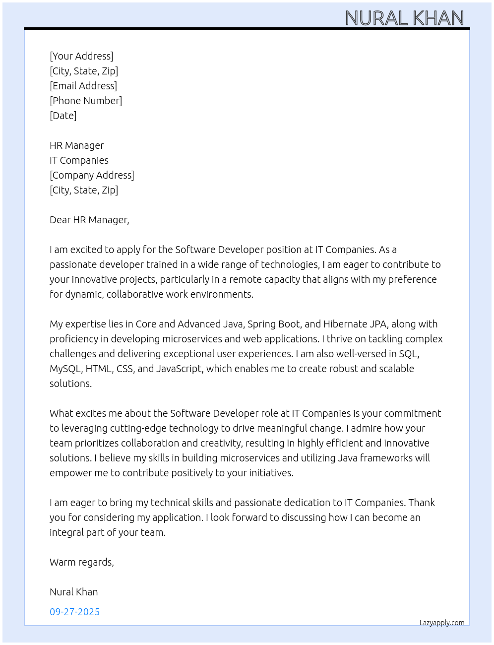 Software Developer At IT Companies Cover Letter