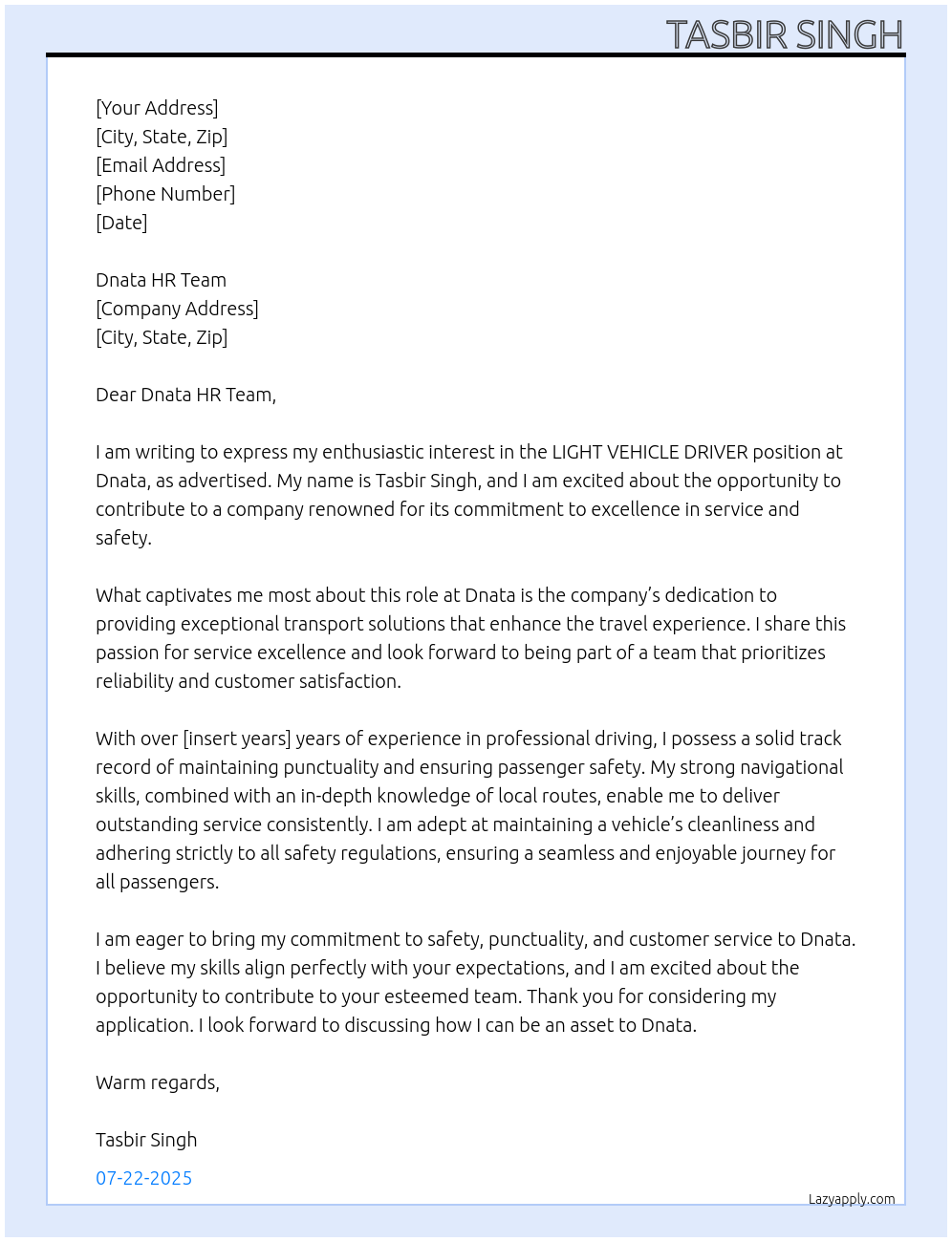 LIGHT VEHICLE DRIVER At Dnata Cover Letter