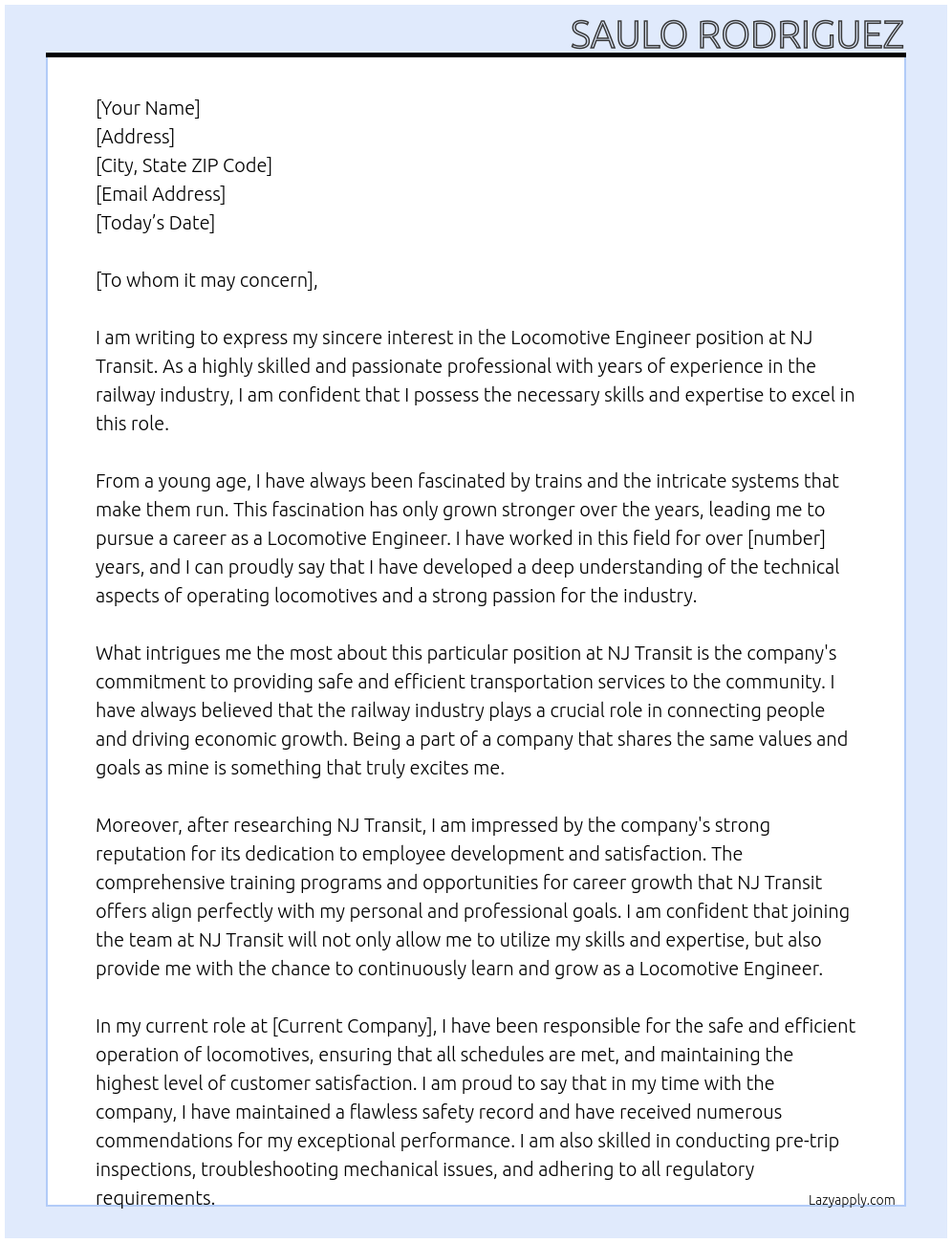 Locomotive Engineer At NJ Transit Cover Letter