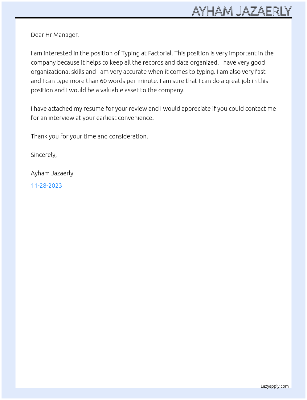 Typing At Factorial Cover Letter