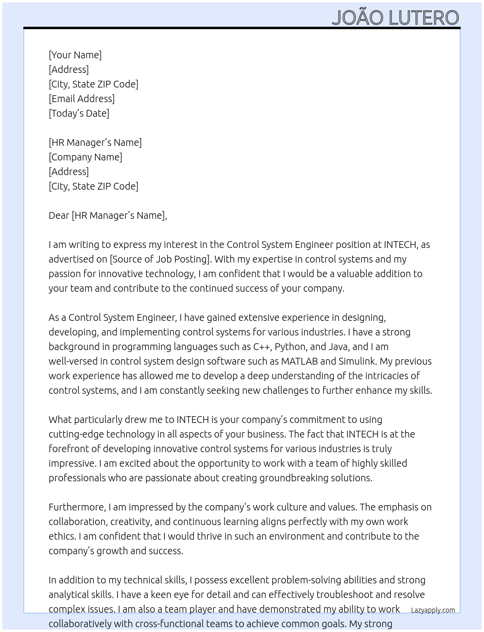 Control System engineer At INTECH Cover Letter
