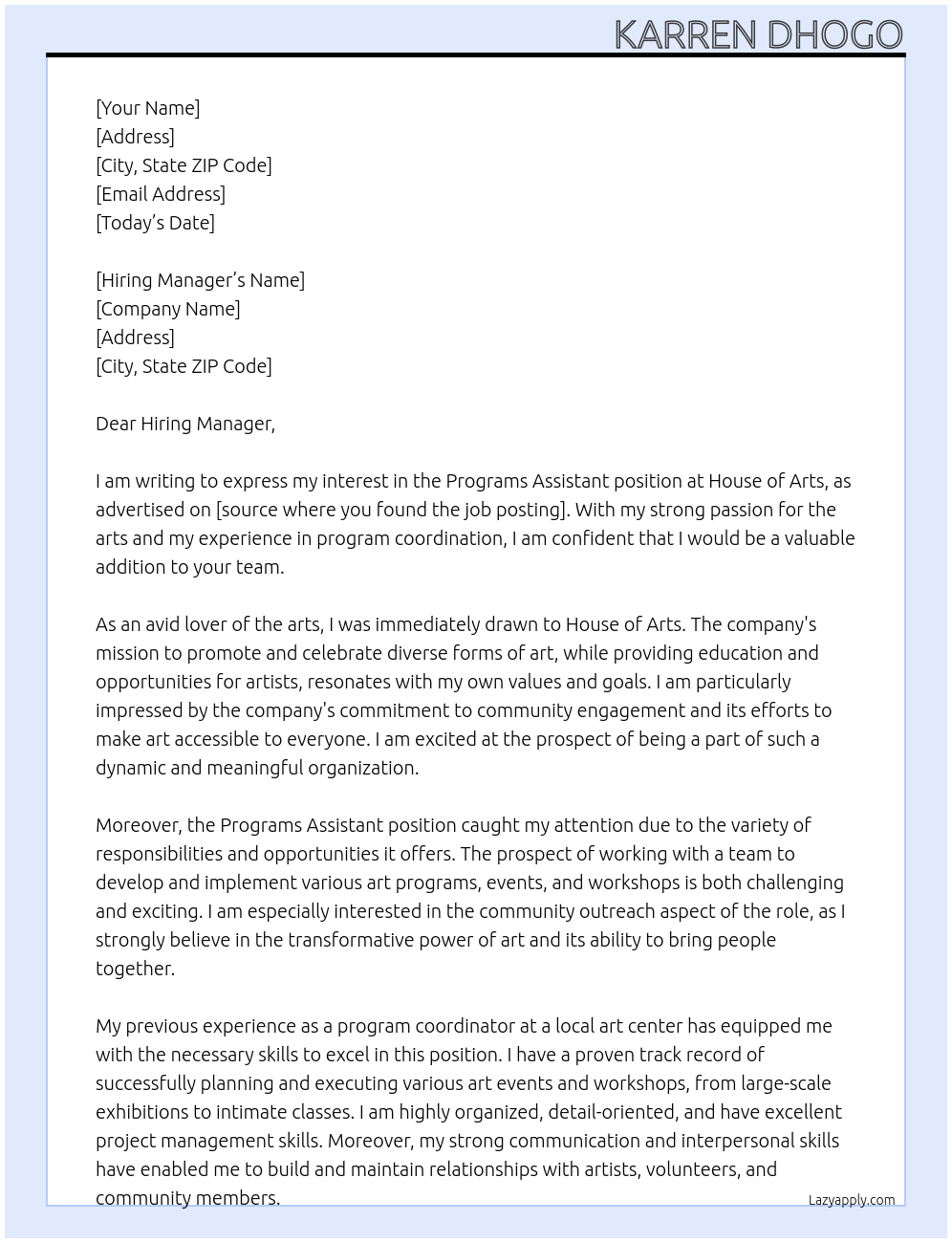 Programs Assistant  At House of Arts Cover Letter
