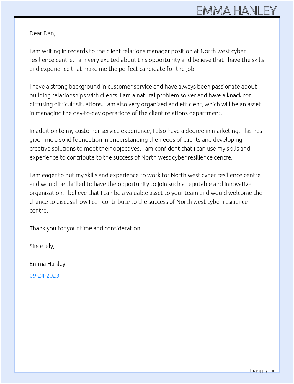 Client relations manager  At North west cyber resilience centre  Cover Letter