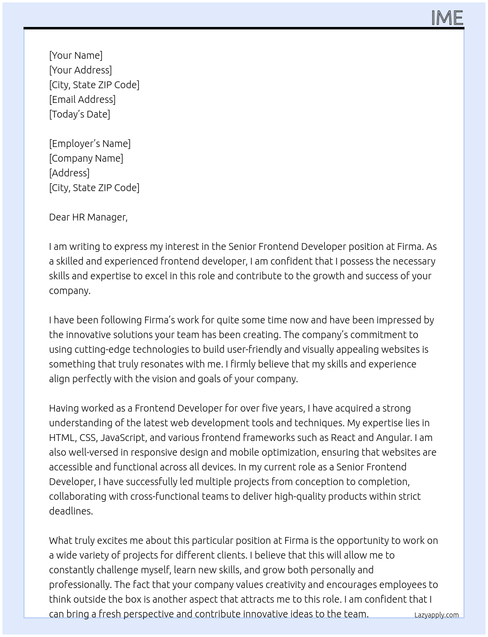 senior frontend developer At Firma Cover Letter