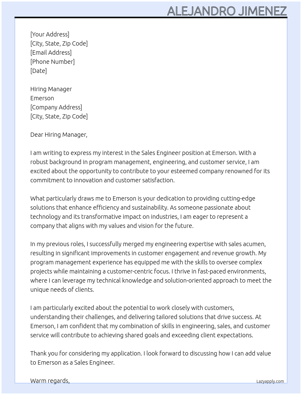 Cover letter for sales engineer - LazyApply