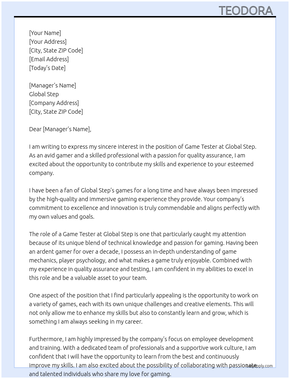 game tester At Global step Cover Letter