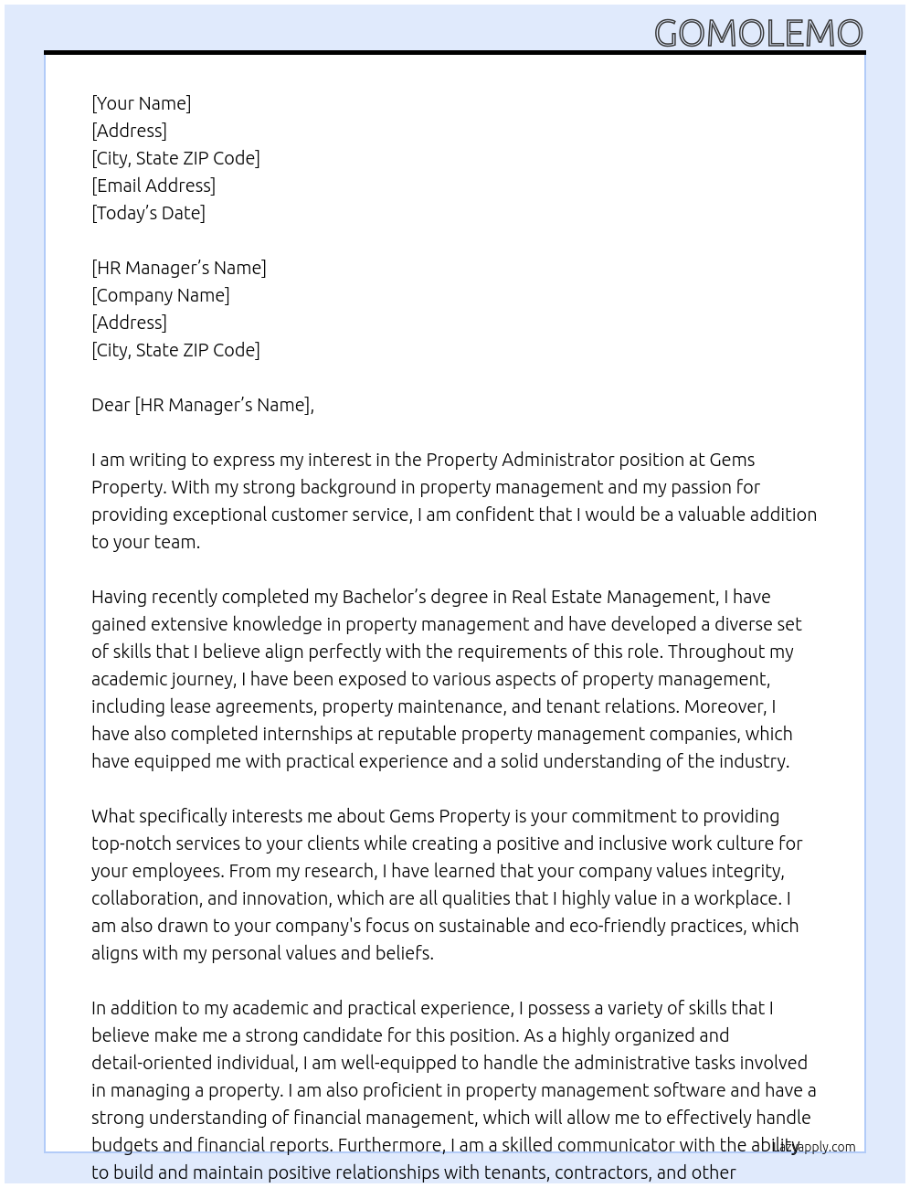 property administrator At gems property Cover Letter