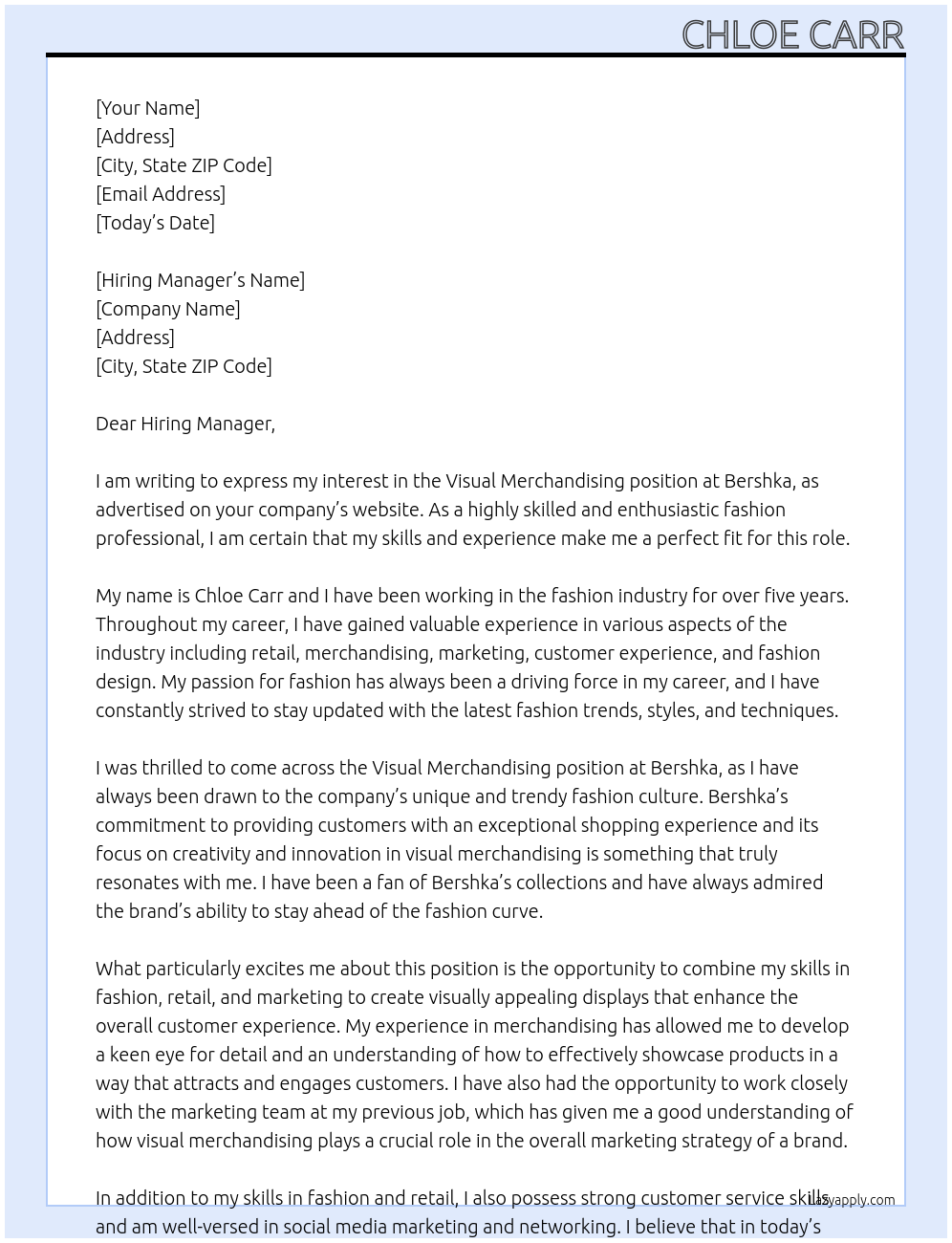 Visual merchandising  At Bershka Cover Letter