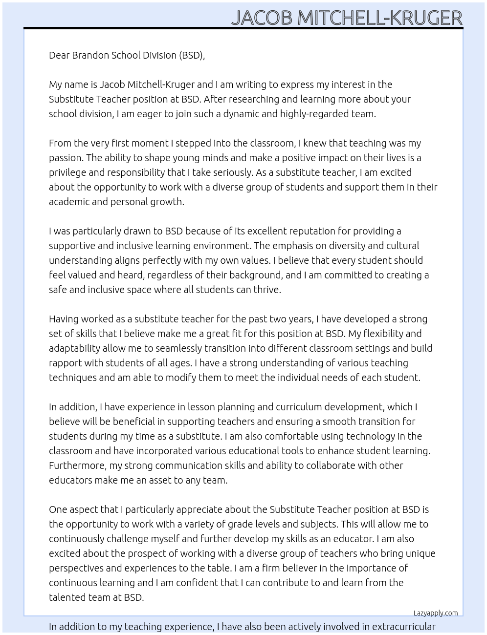 Cover letter for substitute teacher - LazyApply