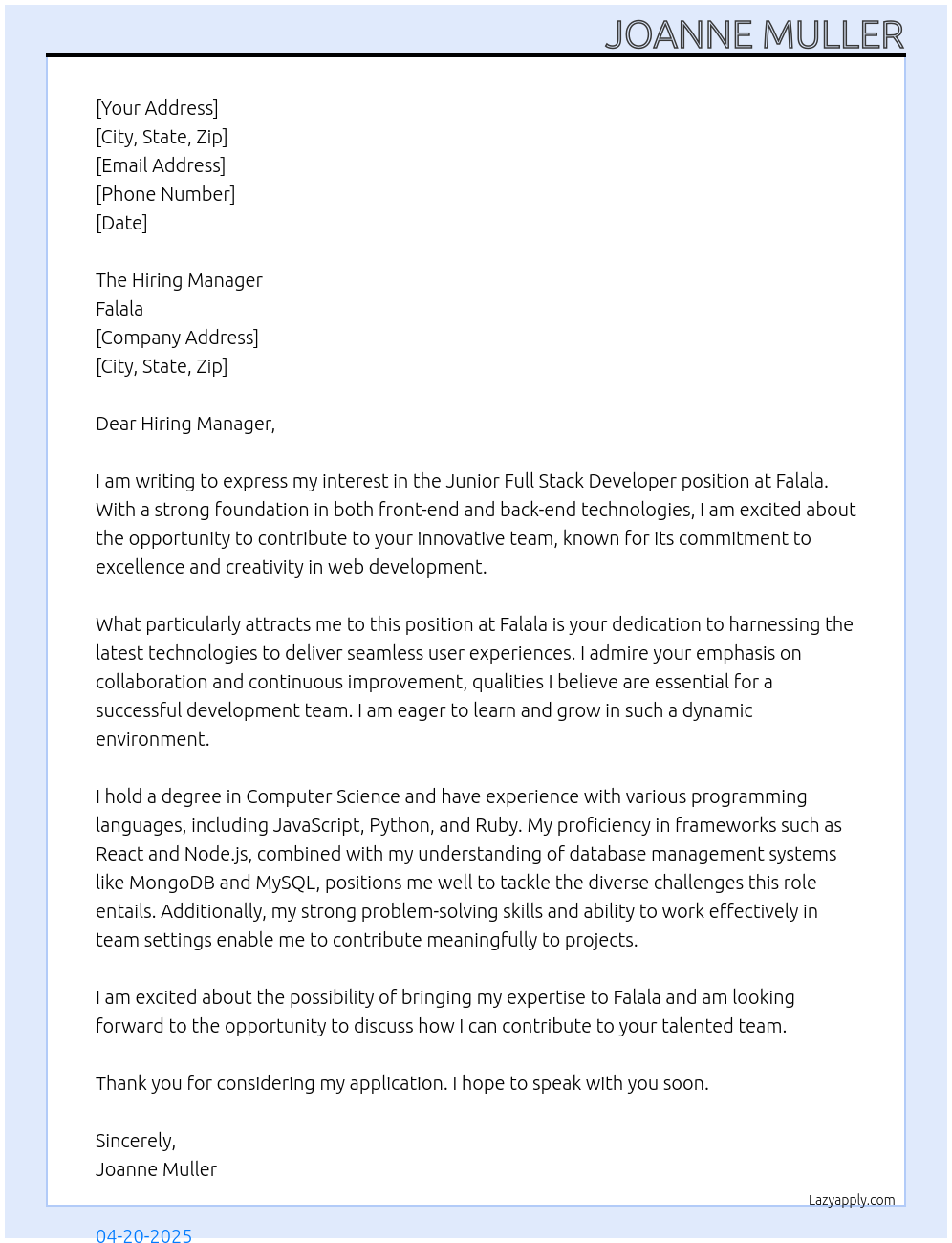 Cover letter for junior full stack developer - LazyApply