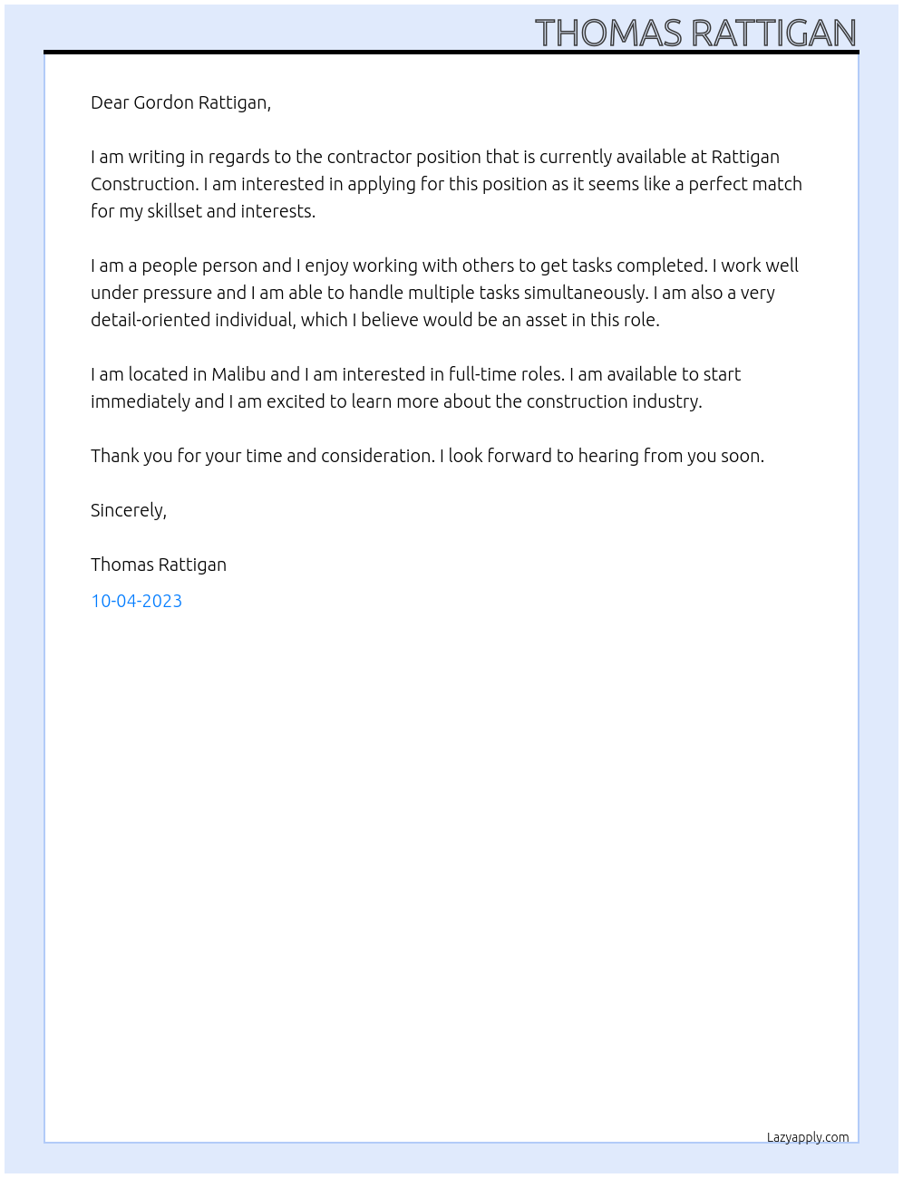 Contractor At Rattigan Construction  Cover Letter