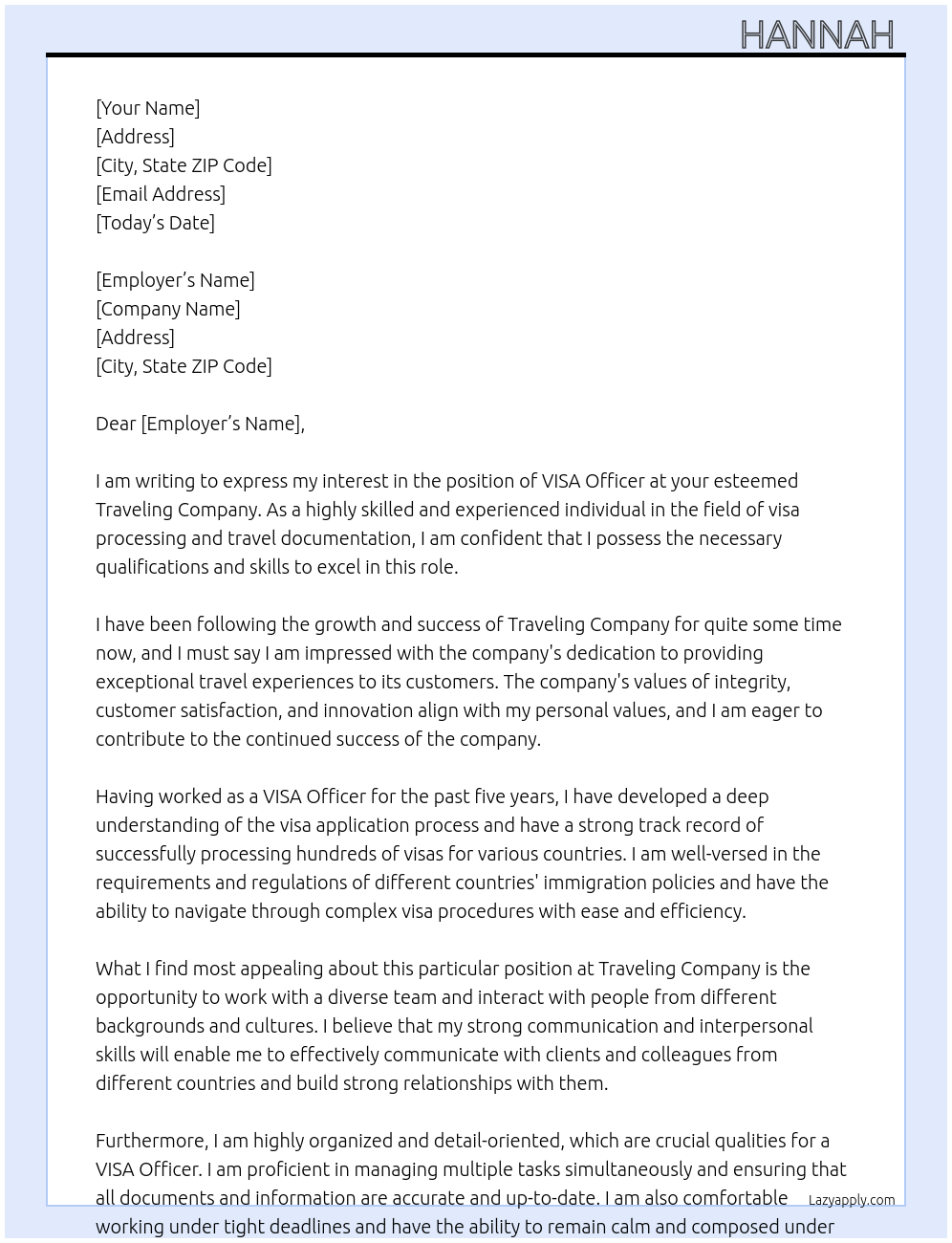 VISA officer At Traveling company Cover Letter