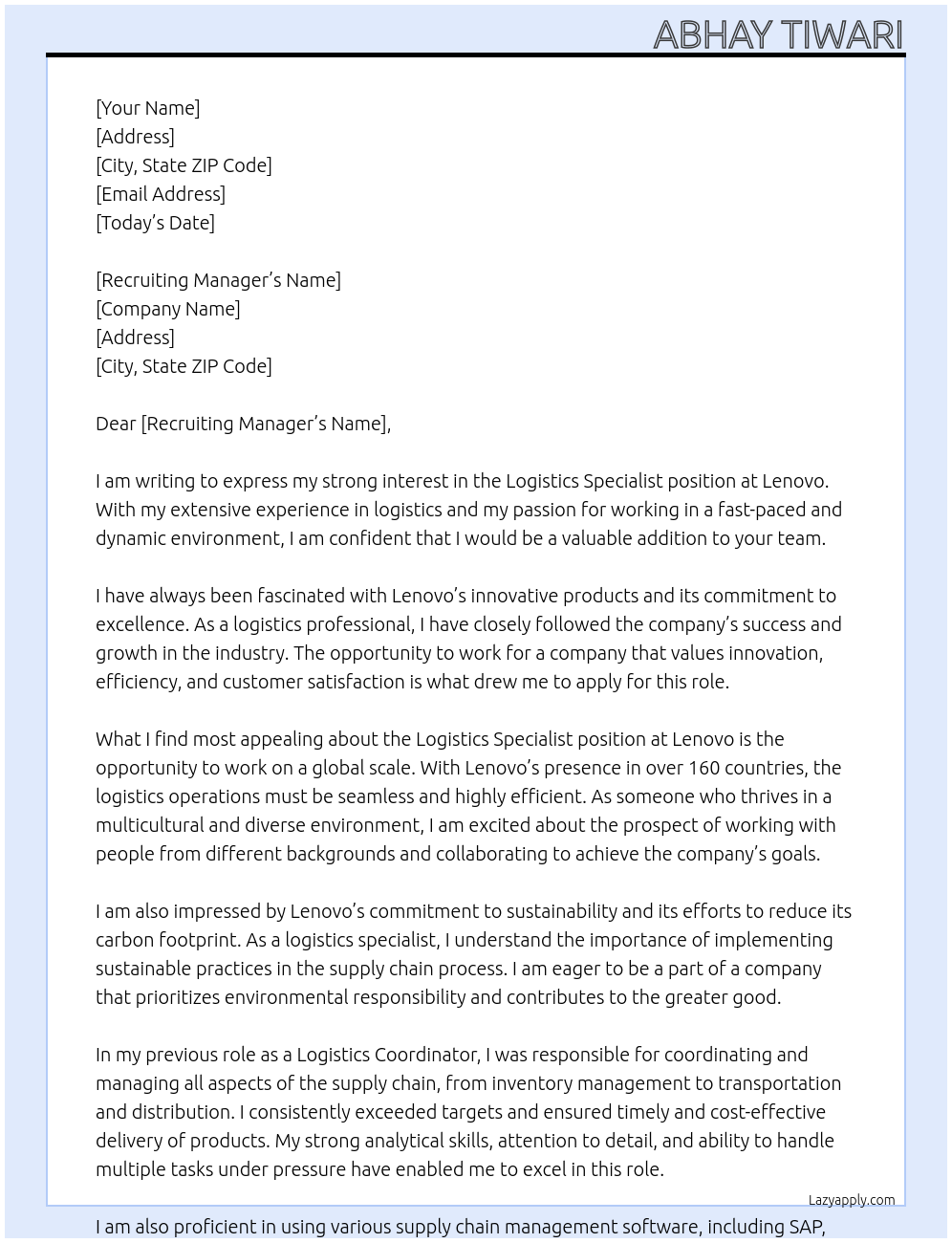 Logistics Specialist At Lenovo Cover Letter