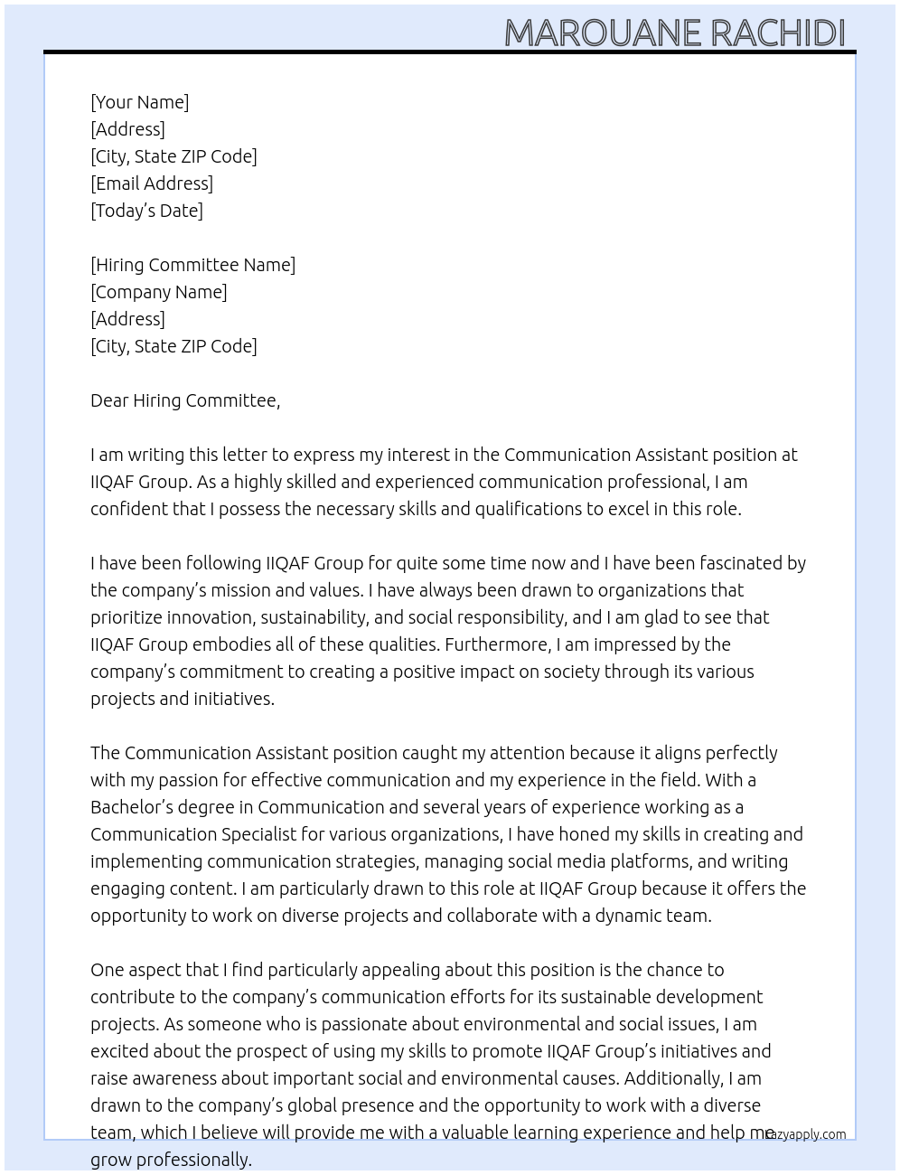 Communication Assistant At IIQAF Group Cover Letter