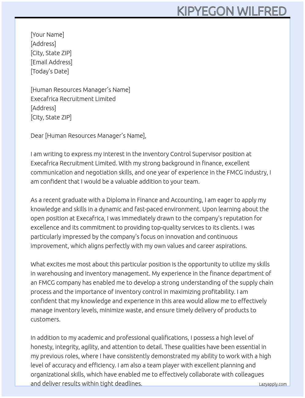 Inventory control supervisor At Execafrica Recruitment limited Cover Letter