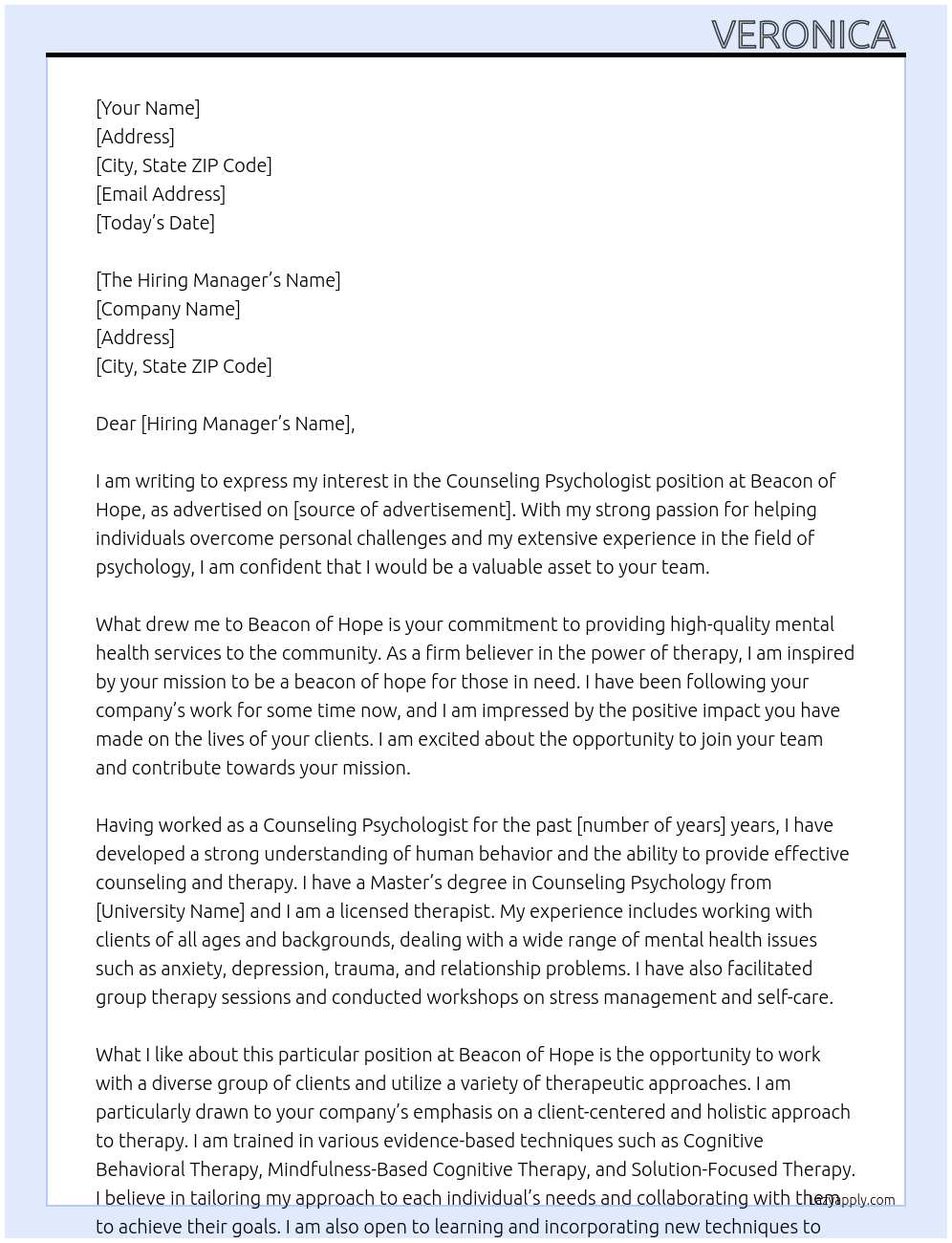 Counseling Psychologist  At Beacon of Hope Cover Letter