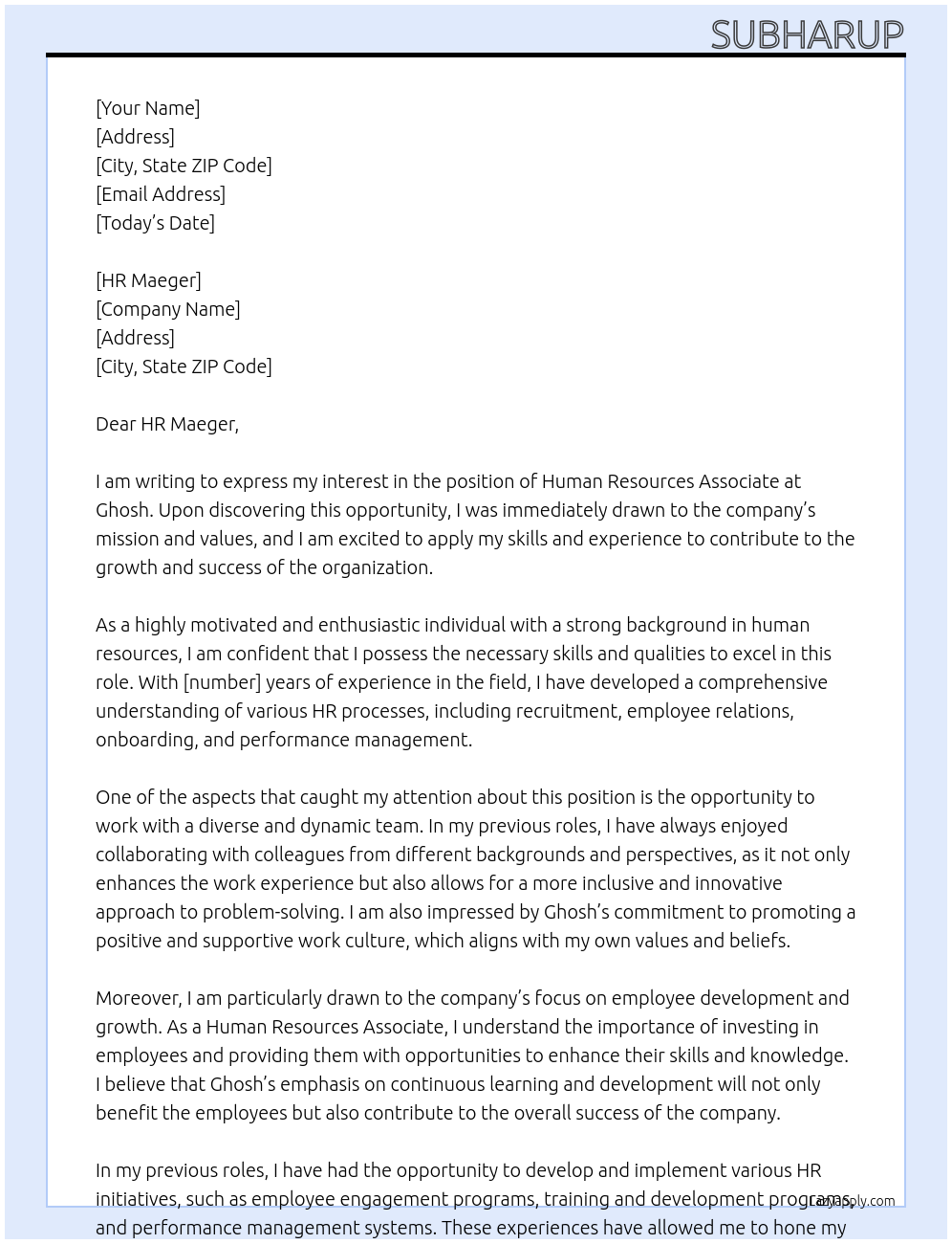 Human Resources Associate At Ghosh Cover Letter