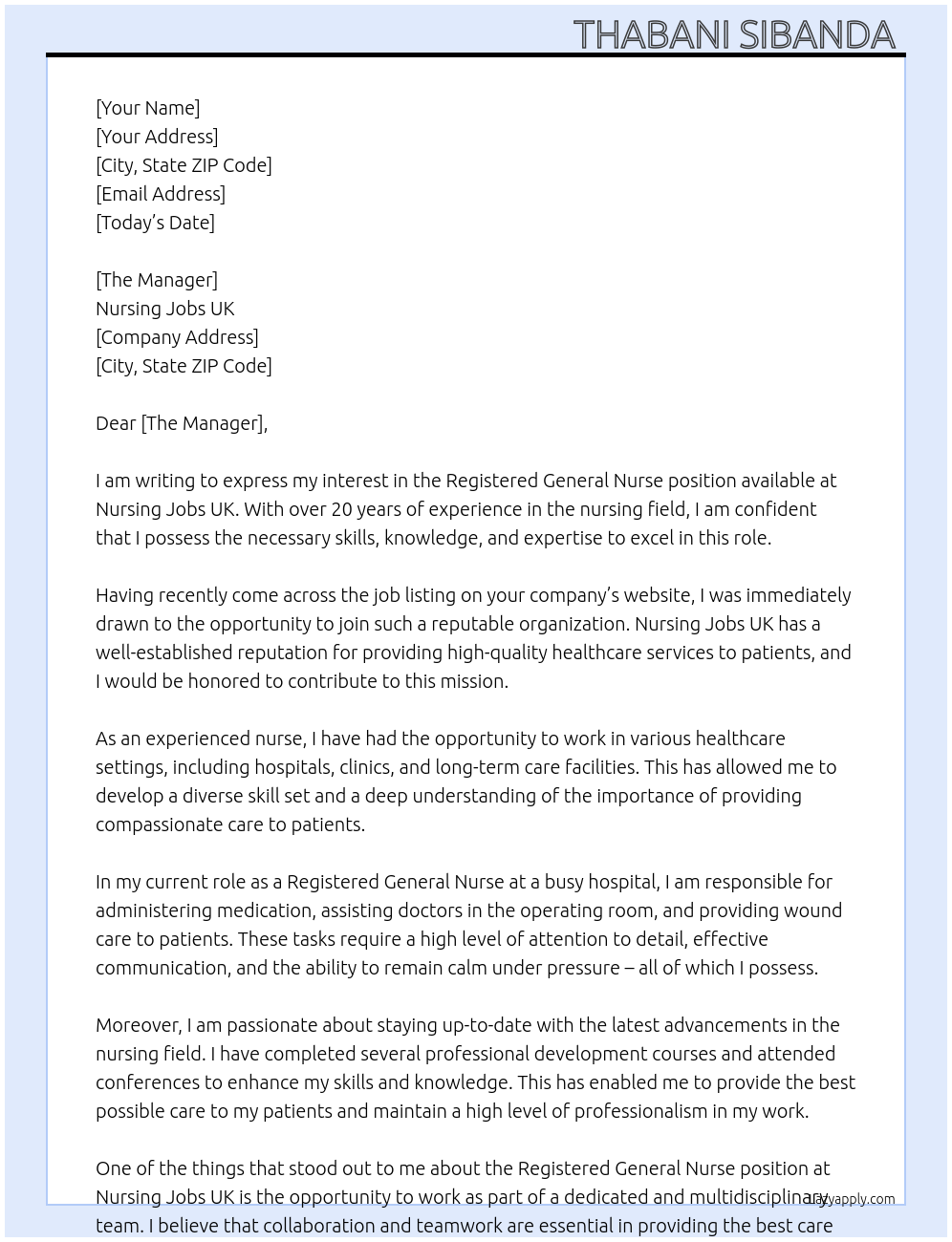 Registered General Nurse  At Nursing jobs UK Cover Letter