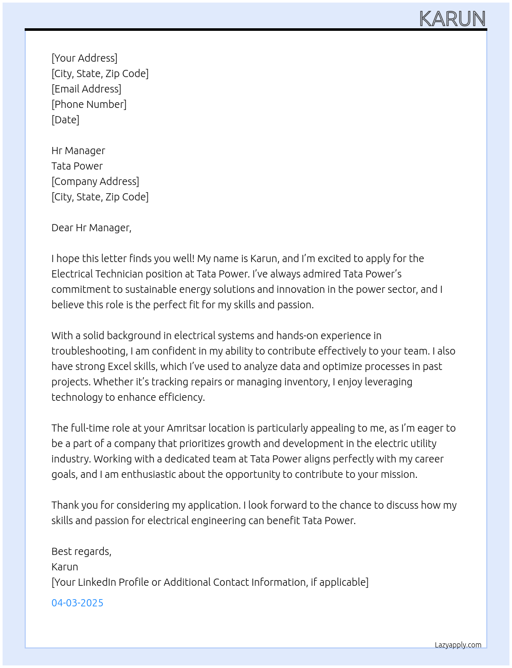 Electrical technician At Tata power Cover Letter