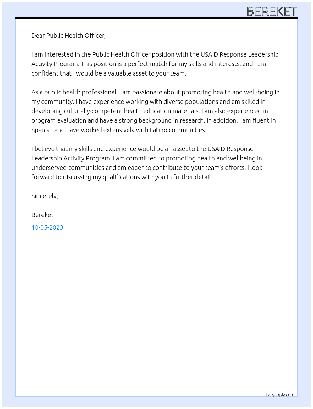 PUBLIC HEALTH OFFICER At USAID RESPONSE LEADER SHIP ACTIVITY PROGRAM Cover Letter