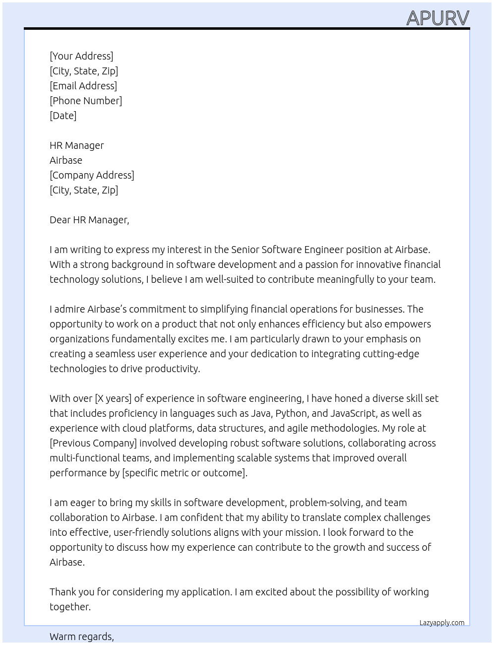 Senior Software Engineer At Airbase Cover Letter