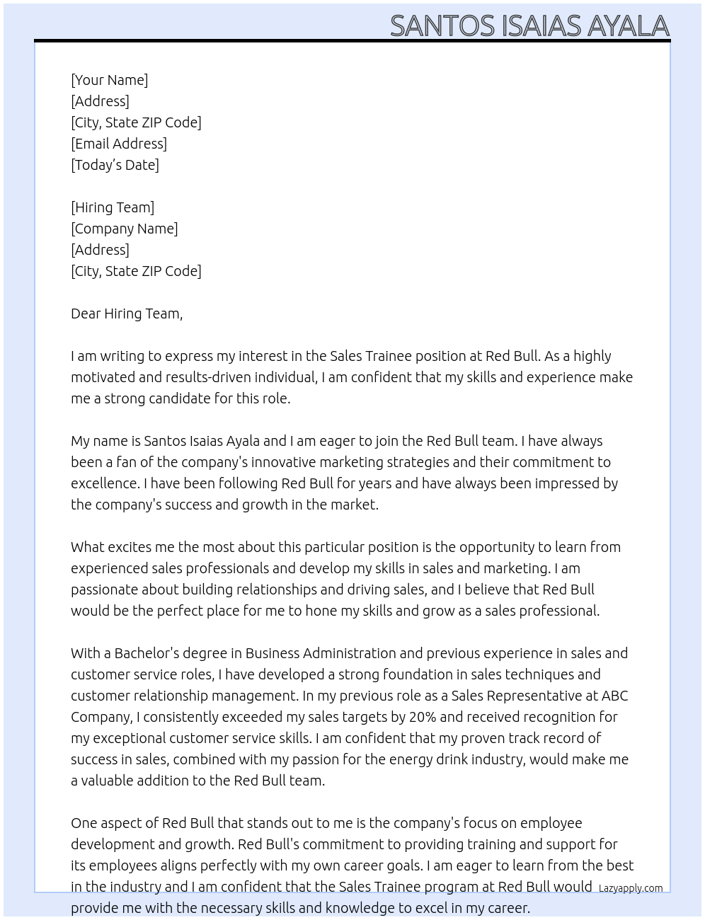Sales Trainee At Red Bull Cover Letter