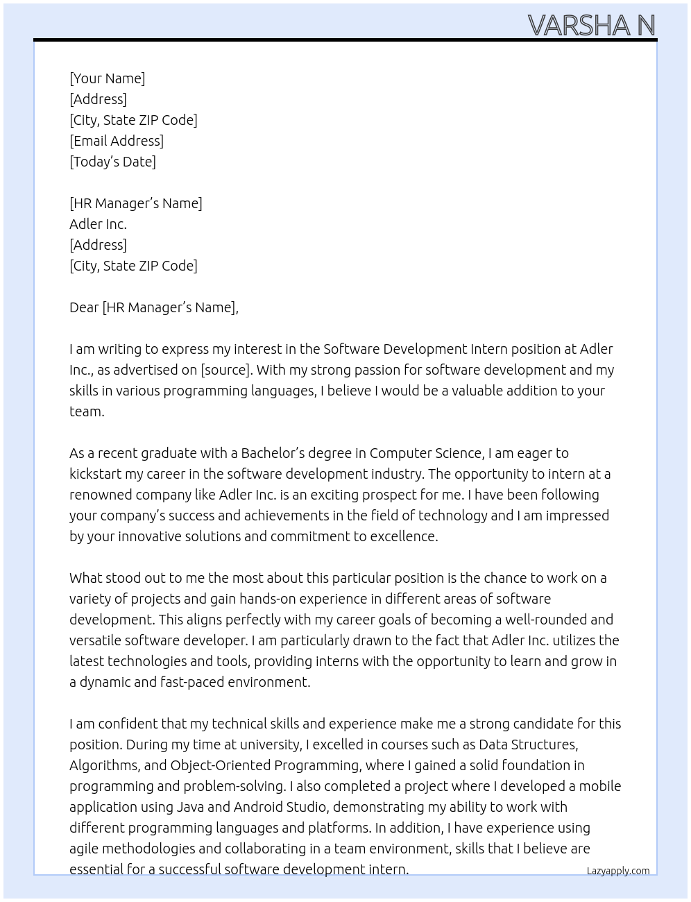 software development intern At Adler inc Cover Letter