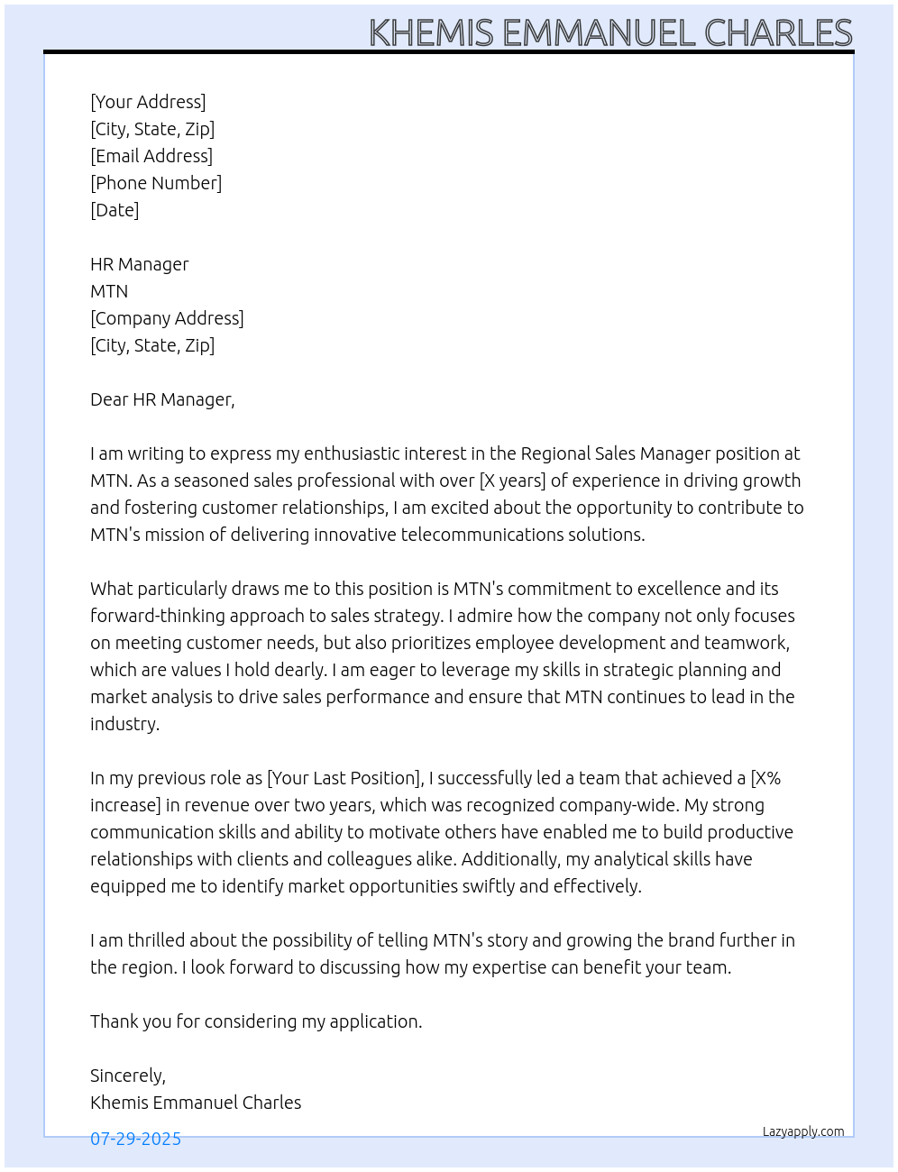 Cover letter for regional sales manager - LazyApply