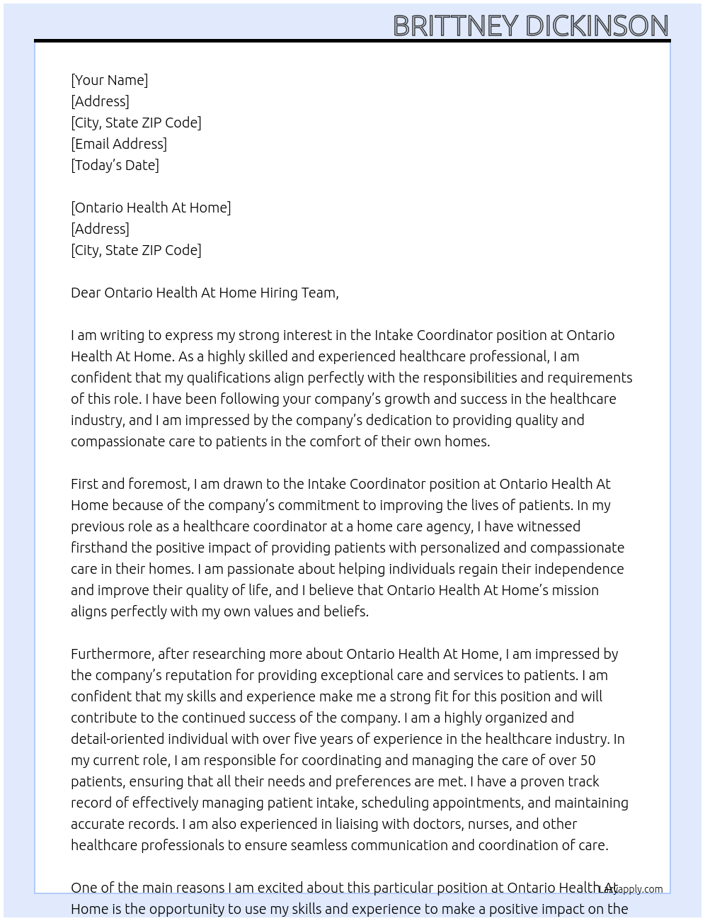 Intake Coordinator At Ontario Health At Home Cover Letter