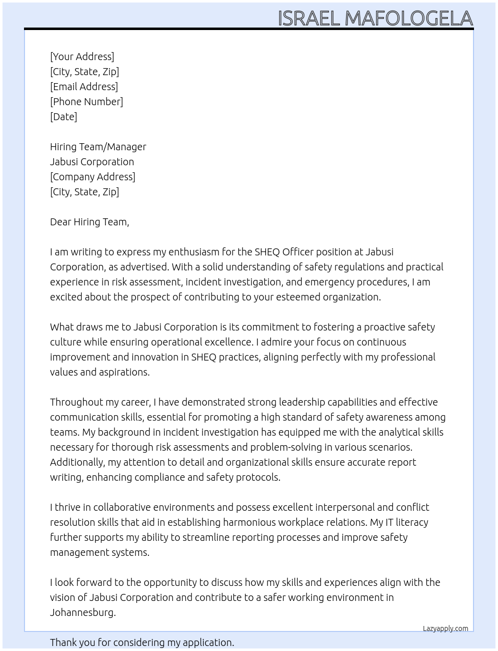 SHEQ Officer At Jabusi Corporation Cover Letter