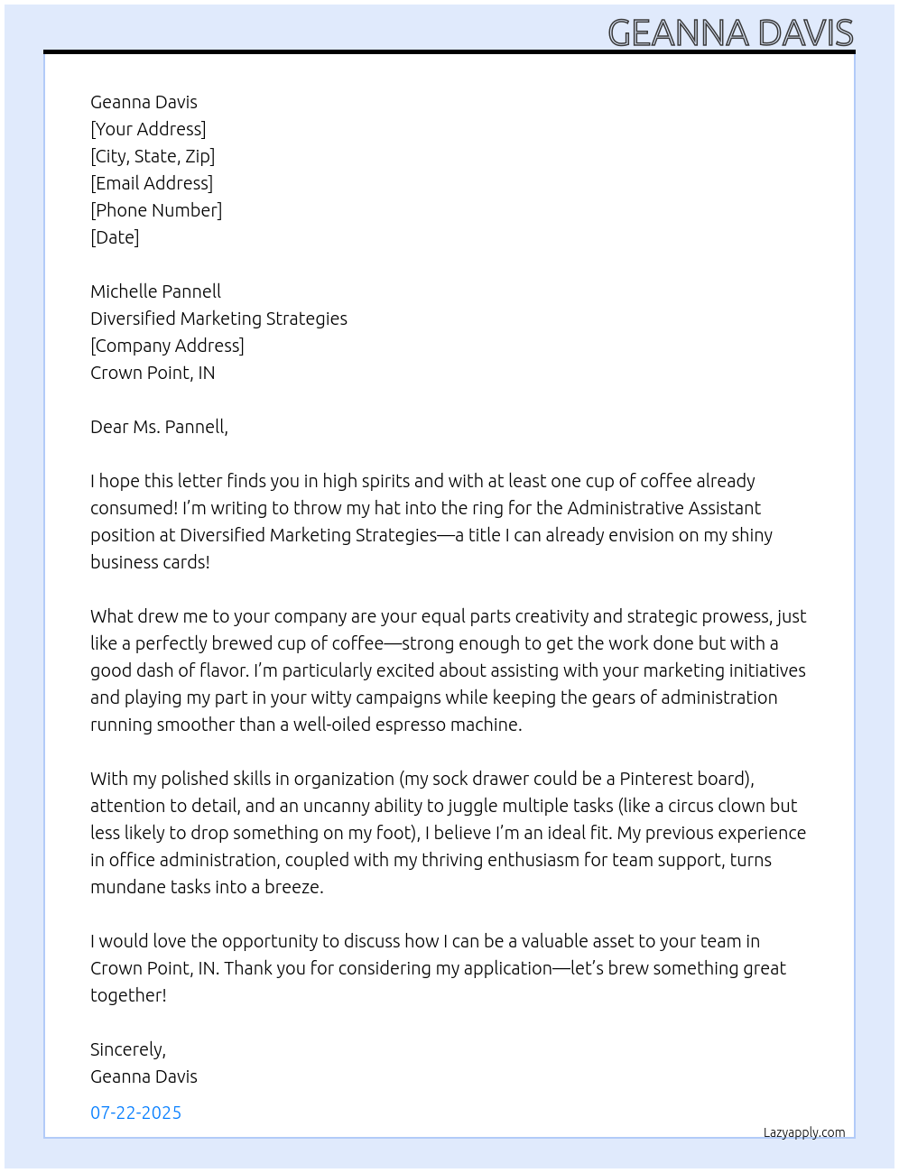 Administrative Assistant At Diversified Marketing Strategies Cover Letter