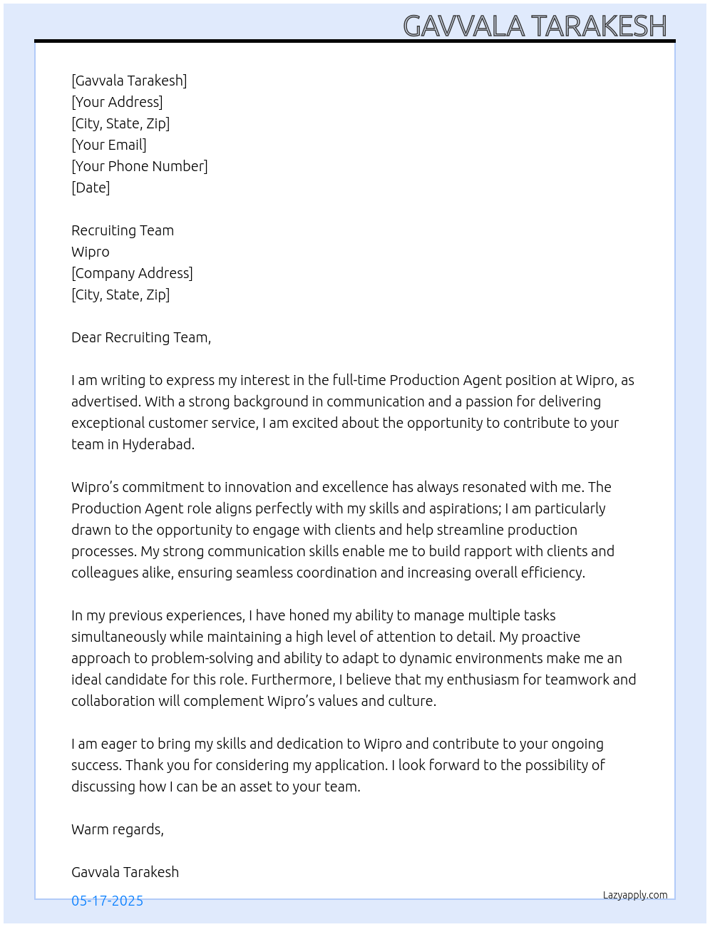 Production Agent  At Wipro Cover Letter