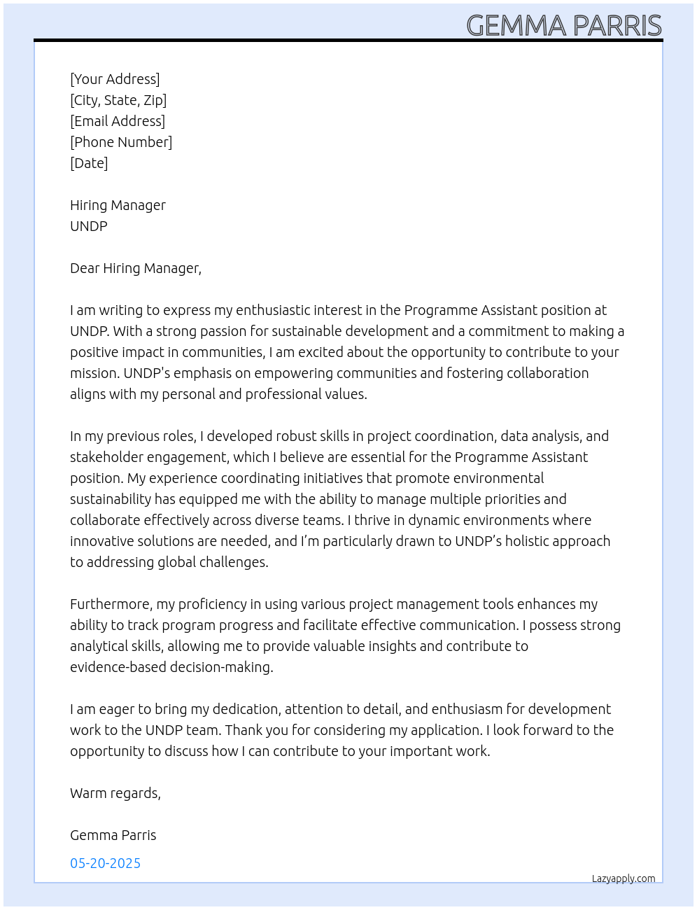 Programme Assistant At UNDP Cover Letter
