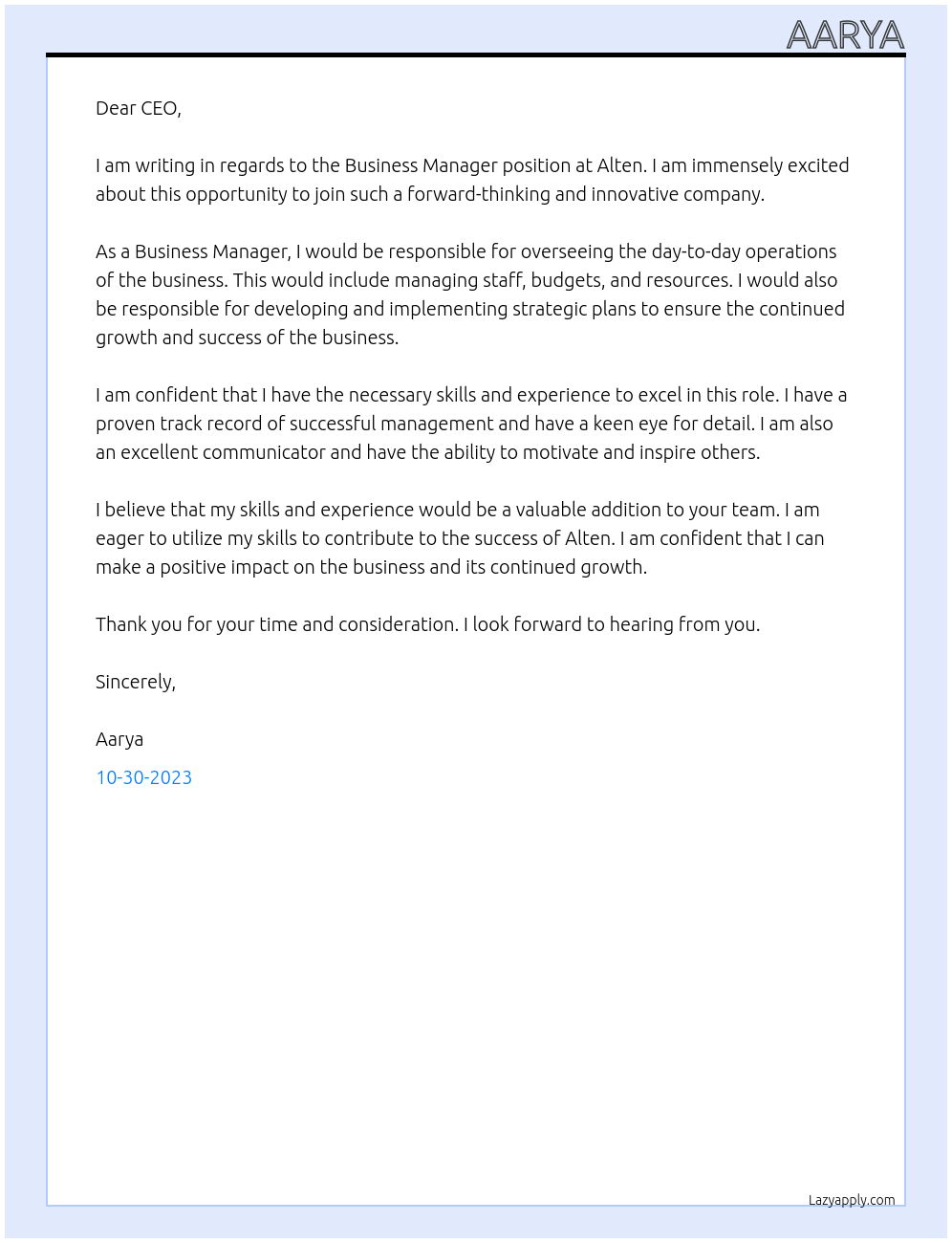 Business Manager At Alten Cover Letter