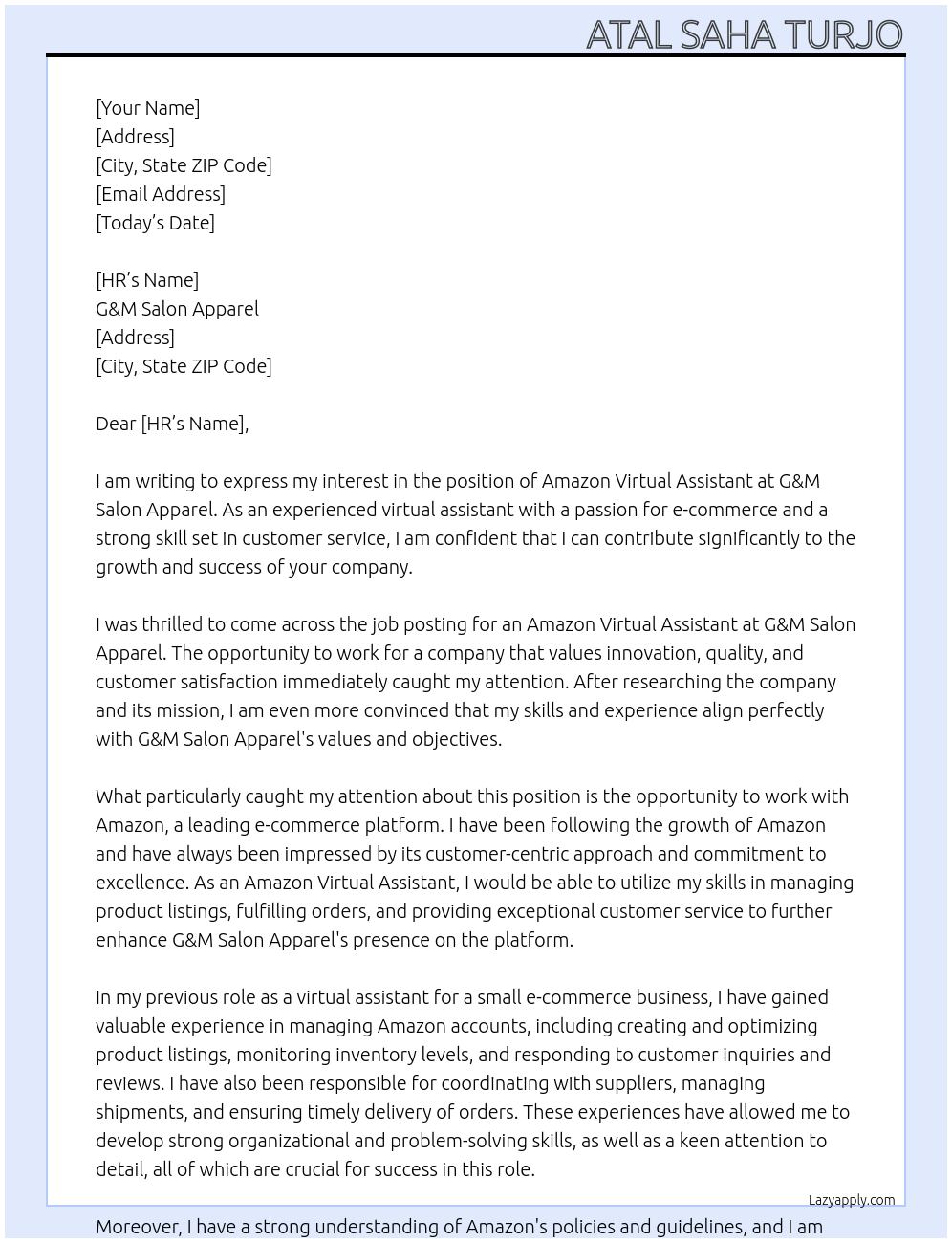 Amazon Virtual Assistant At G&M Salon Apparel Cover Letter