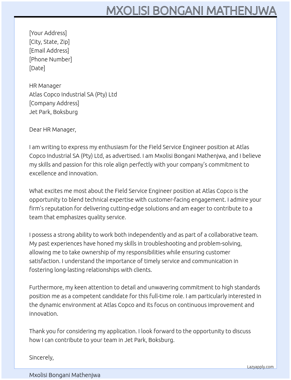 Field Service Engineer At Atlas Copco Industrial SA (Pty) Ltd Cover Letter