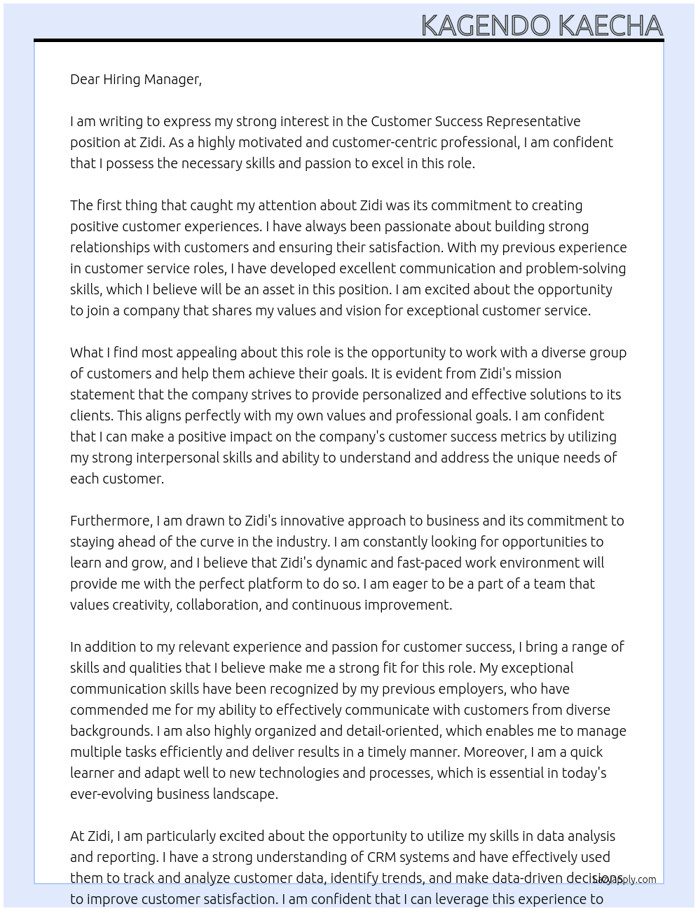Customer Success Representative At Zidi Cover Letter