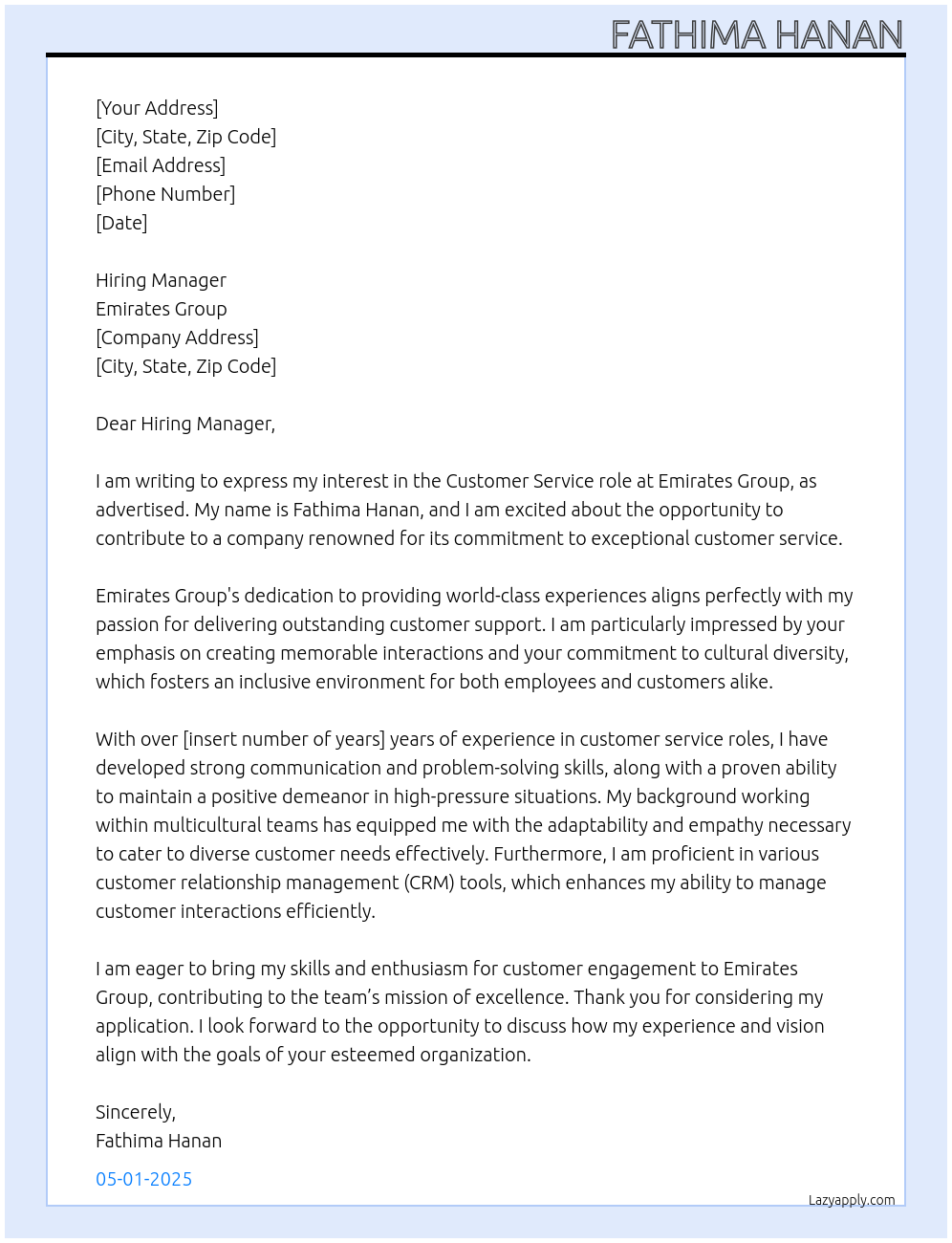  Customer service roles At Emirates group Cover Letter