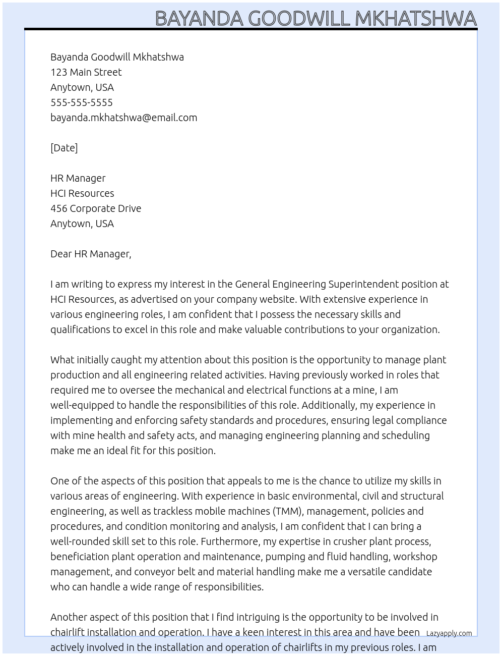 General Engineering Superintendent At HCI resources Cover Letter