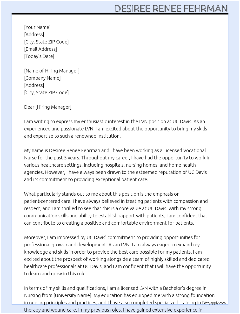 lvn At UC Davis  Cover Letter