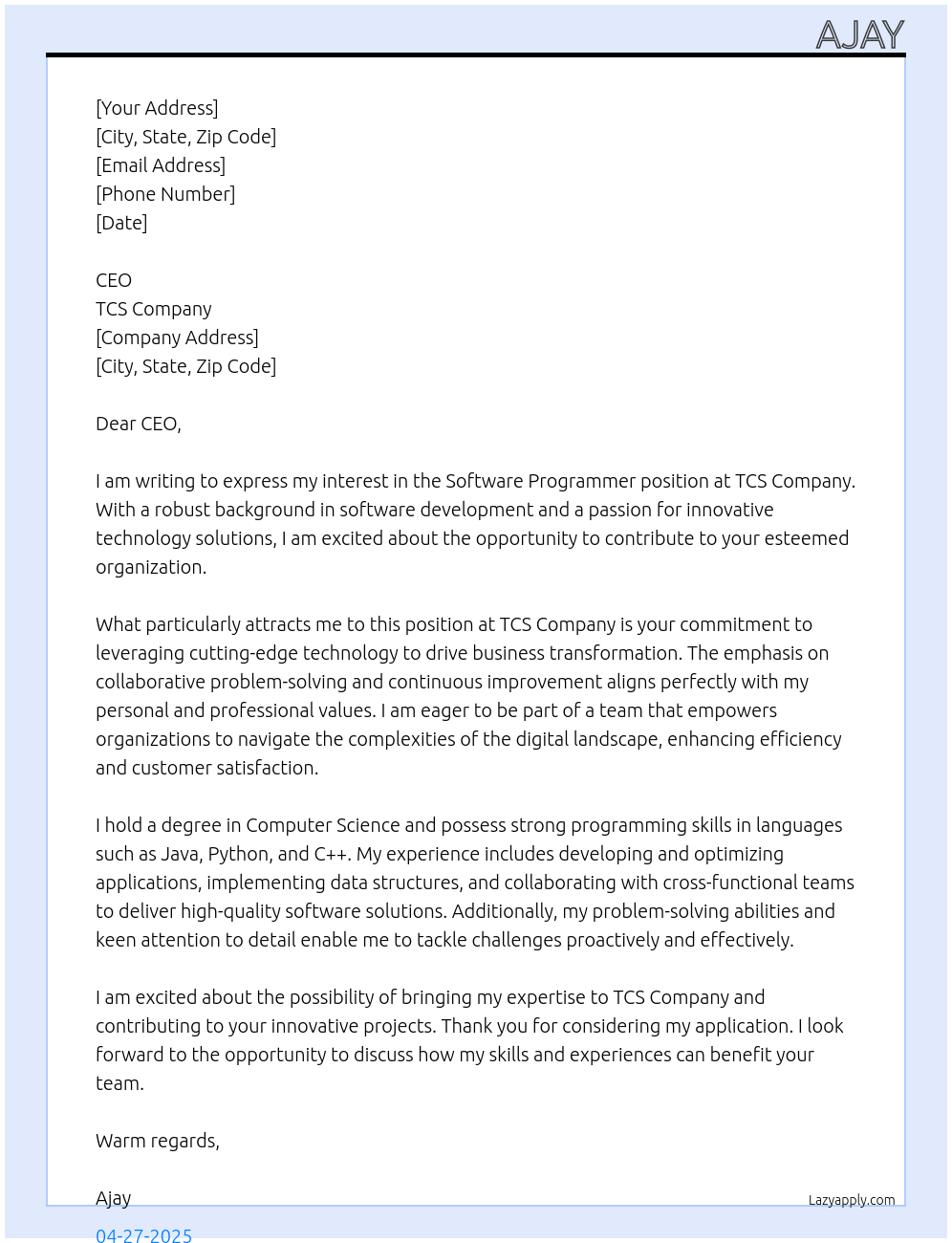 Cover letter for software programmer - LazyApply