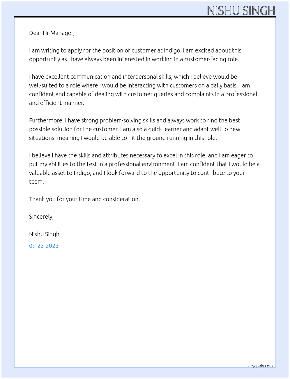 customer At indigo Cover Letter