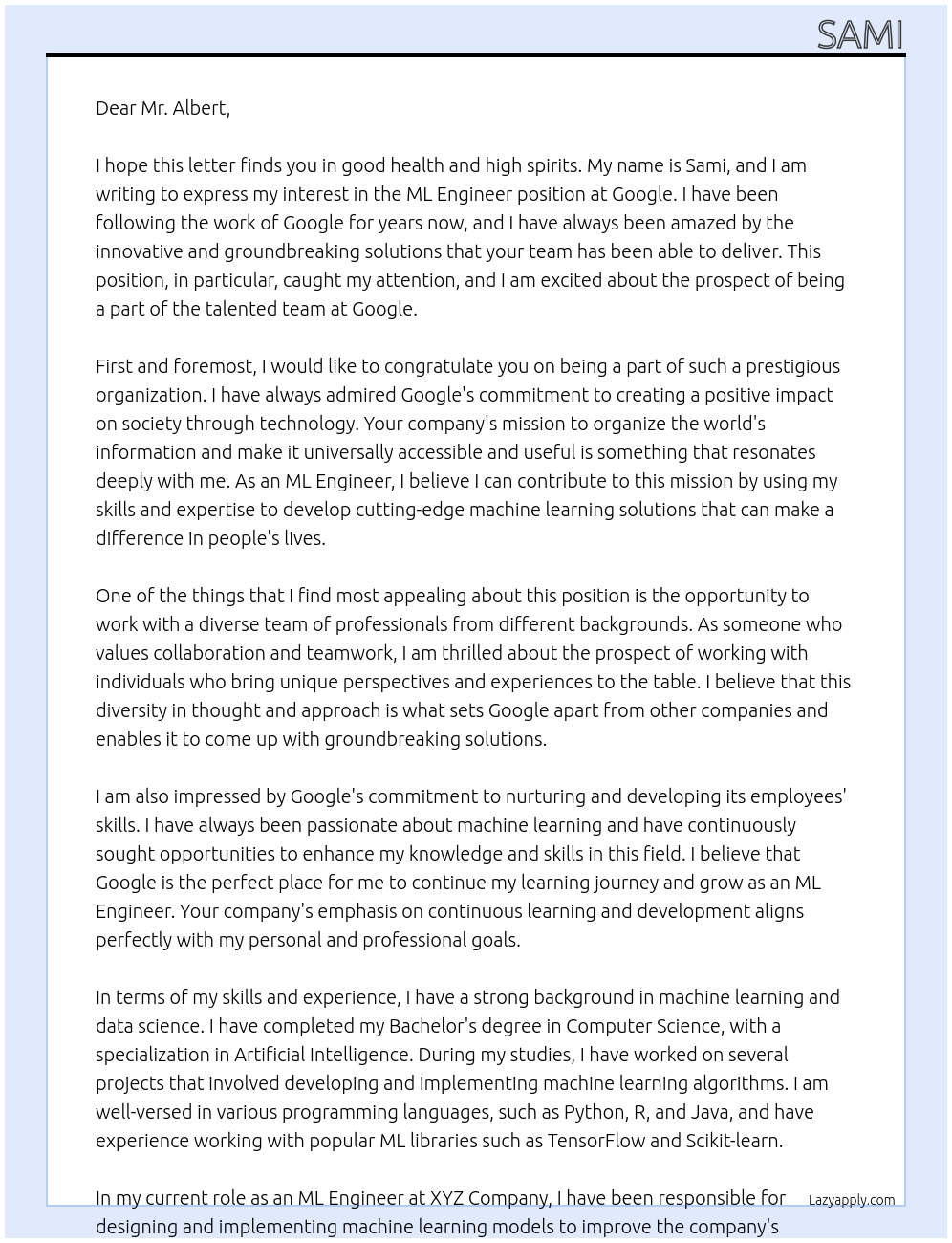 ml engineer At googlr Cover Letter