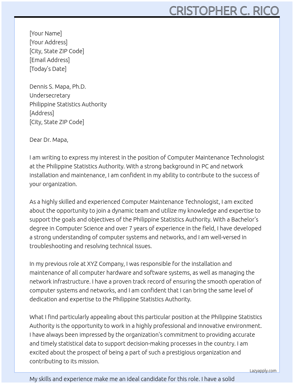 COMPUTER MAINTENANCE TECHNOLOGIST At PHILIPPINE STATISTICS AUTHORITY Cover Letter