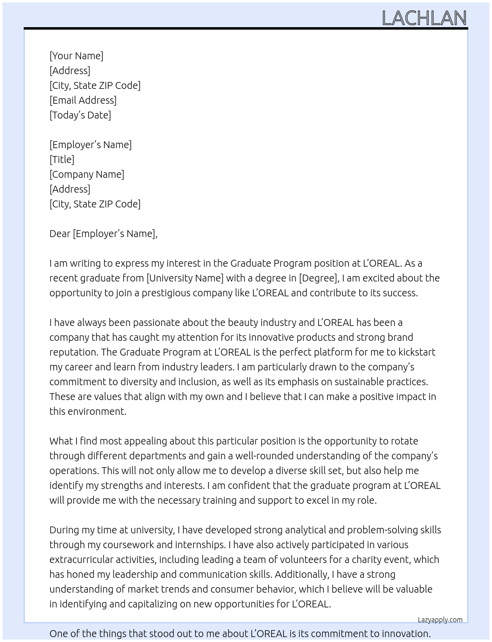 Graduate Program At  L'OREAL Cover Letter