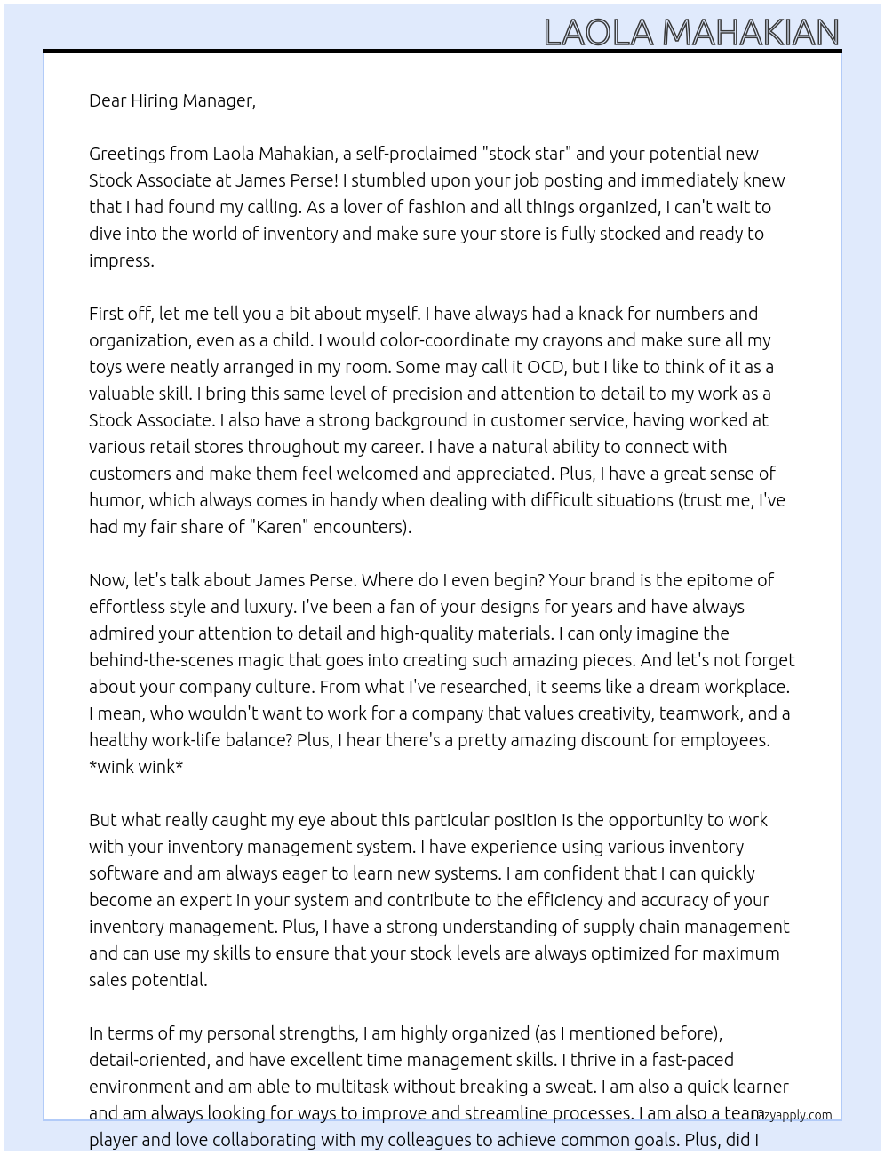Stock Associate At James Perse Cover Letter