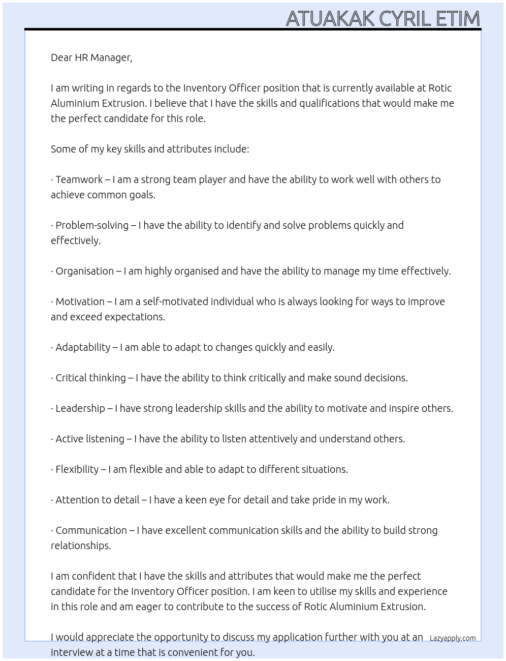 Inventory Officer At Rotic Aluminium Extrusion Cover Letter