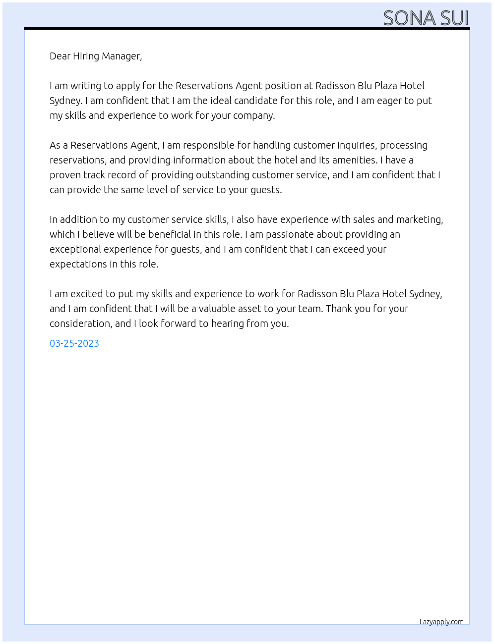 Reservations Agent At Radisson Blu Plaza Hotel Sydney Cover Letter